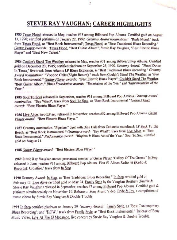 Stevie Ray Vaughan Greatest Hits Press Pack