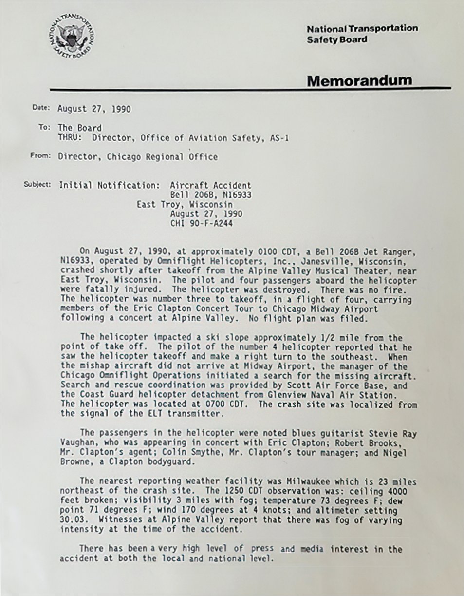 Stevie Ray Vaughan NTSB Memo